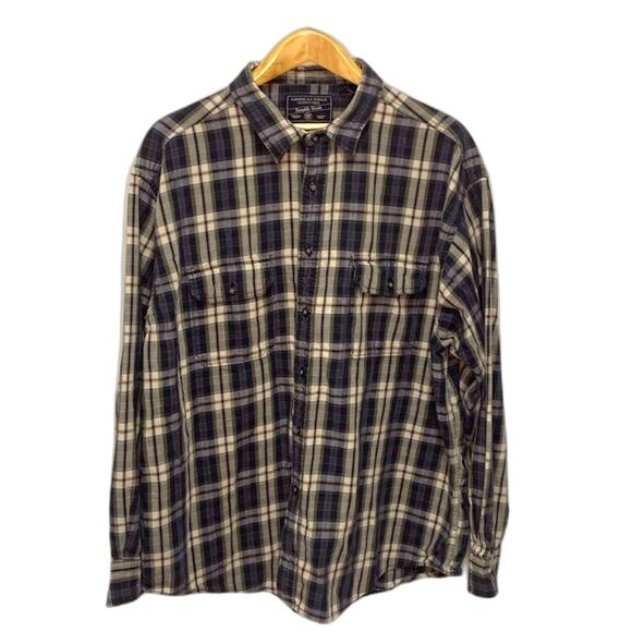 American Eagle Outfitters Navy Tan Red Plaid Heavyweight LS Flannel Shirt Sz XXL - Picture 3 of 11